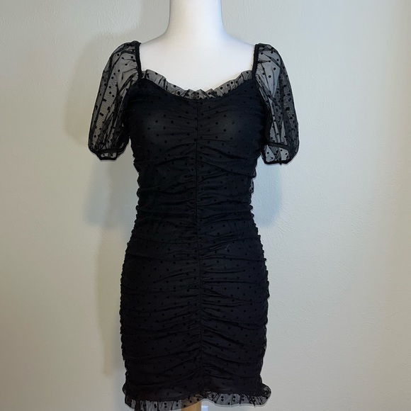 Textured Mesh Puff Sleeve Mini Dress - Picture 1 of 6